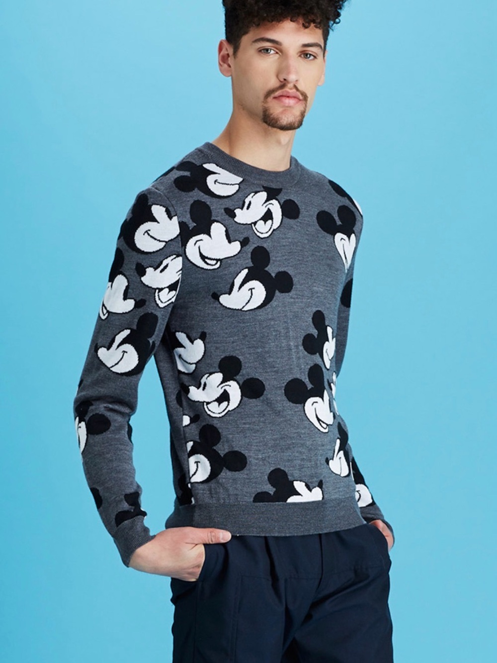 Opening Ceremony Grey Crewneck Sweater with Black and White Mickey Motif